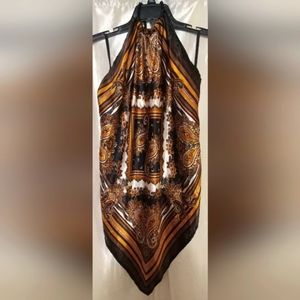 Satin halter top,  gold, black with cream accents in paisley pattern.sz L